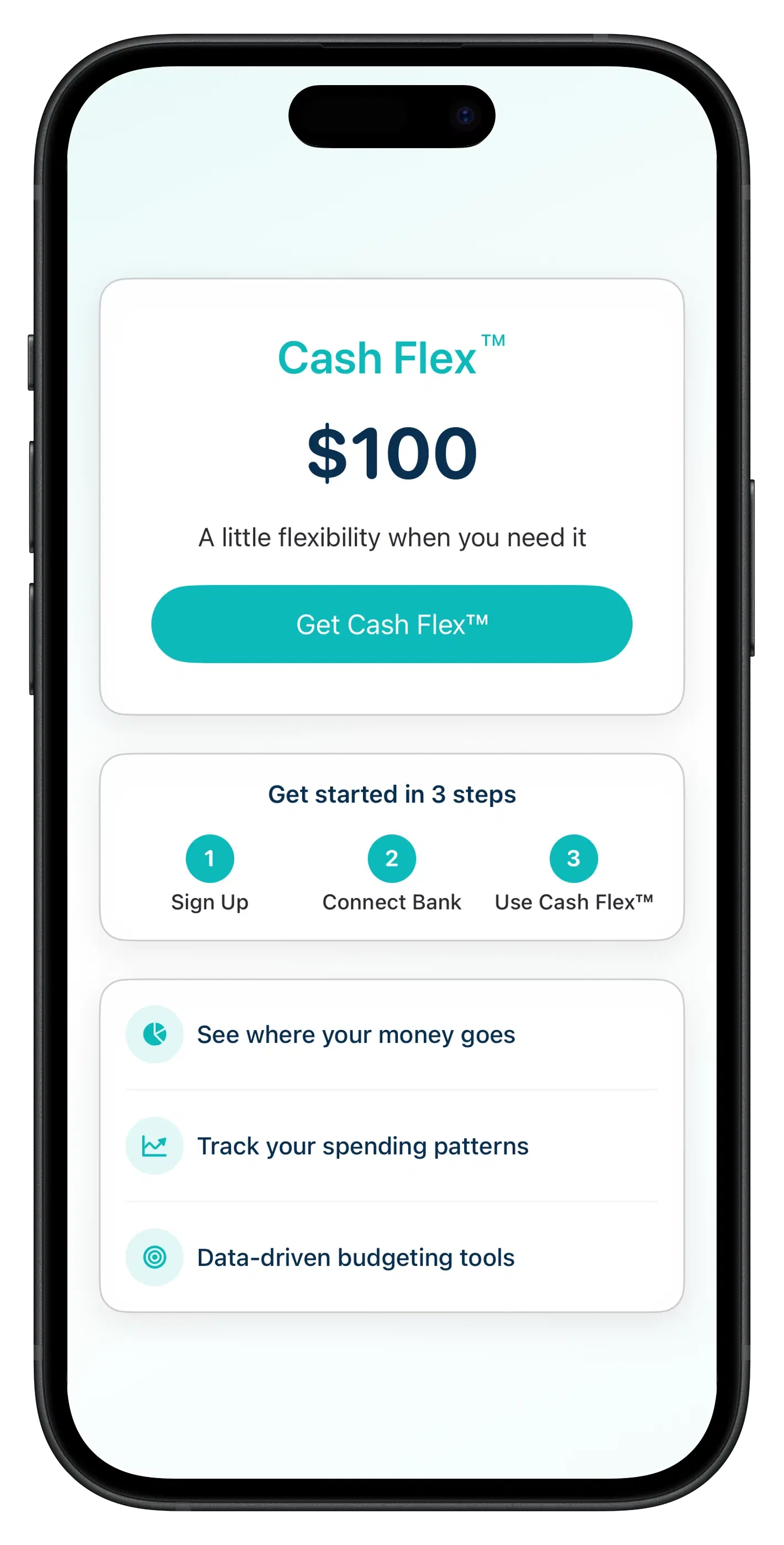 Panda Pay app flow showing sign up, secure bank link, and Cash Flex™ overview