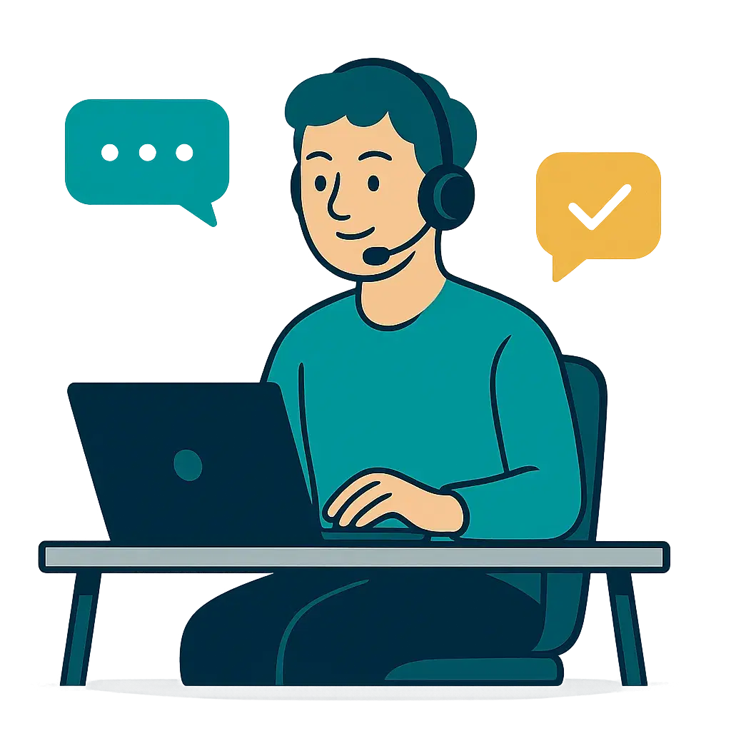 Panda Pay support representative at a laptop with chat bubbles