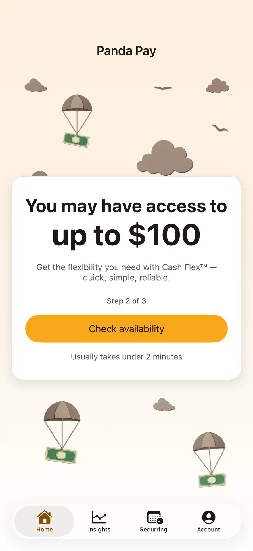 Panda Pay home screen offering access to up to $100 with Cash Flex and a Check availability button