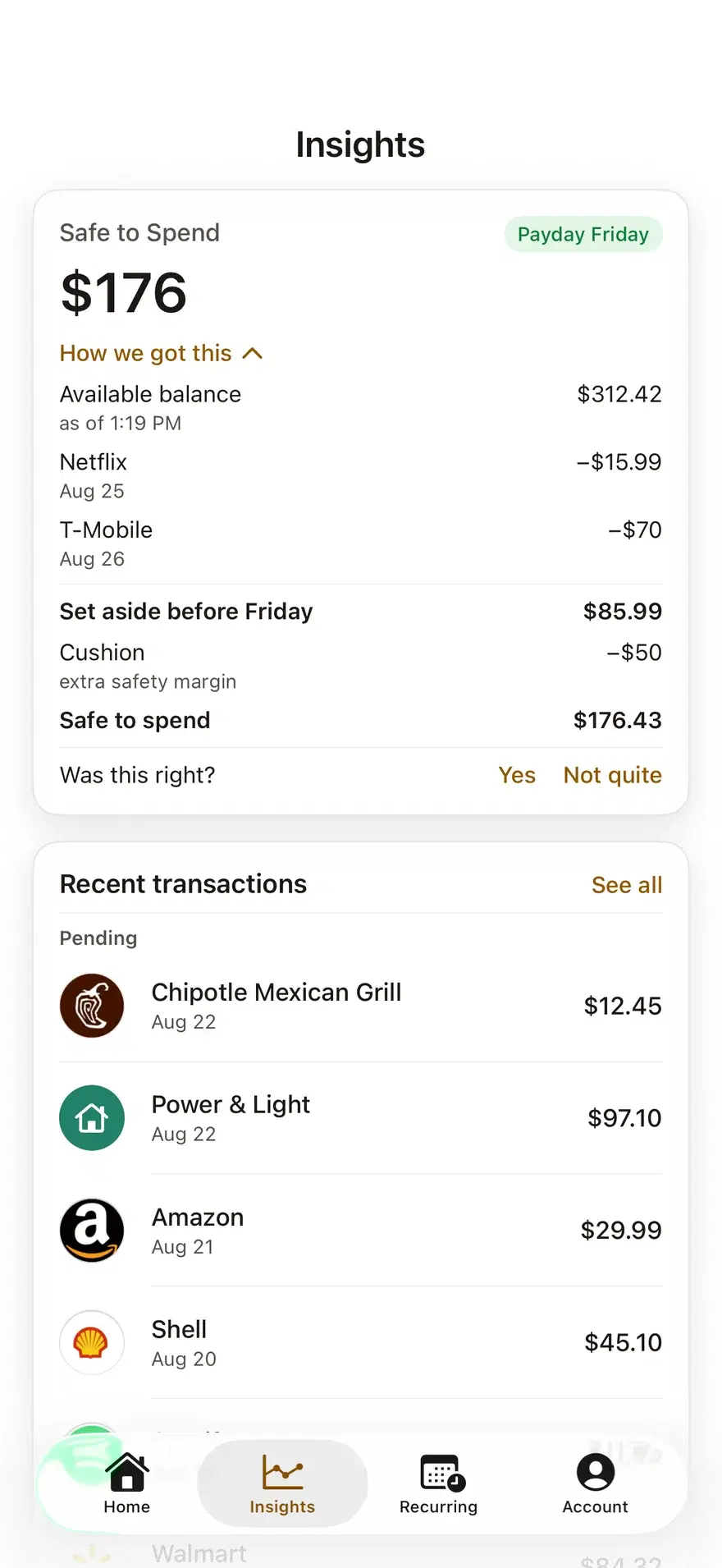 Panda Pay Insights screen showing a Safe to Spend number of $176 with the balance, upcoming bills, and cushion that produced it
